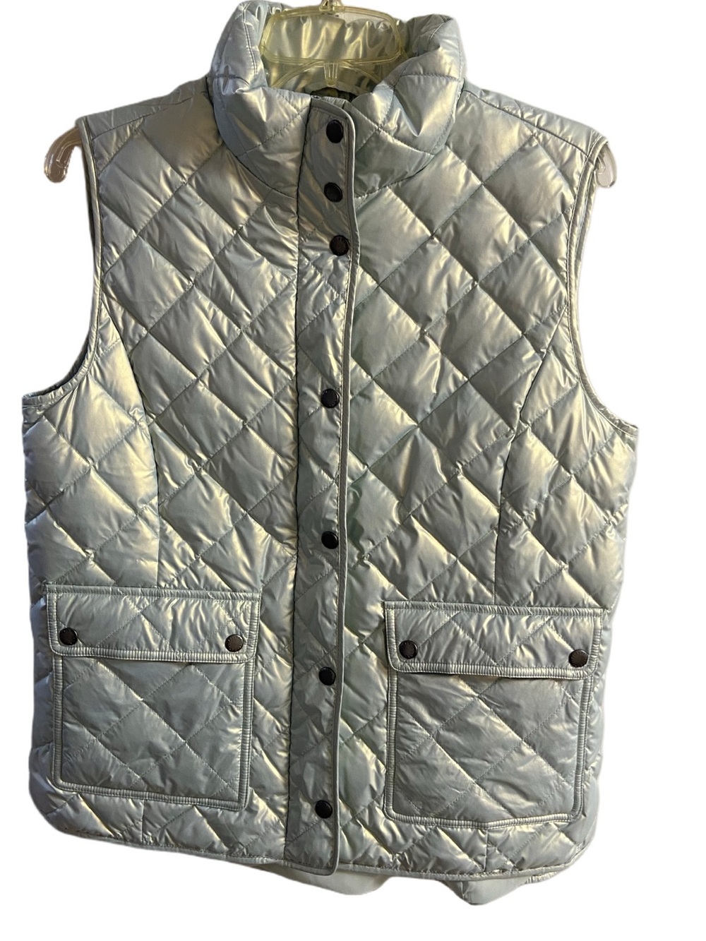 Talbots Silver Quilted Puffer Vest Down Filled Snap Front Diamond Stitch Medium